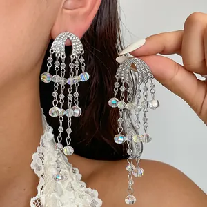 Westerse Strass Ingelegd Glazen Kralen Kwastje Oorbellen Zilveren Oorsteker Lange Hangende Oorbellen Vrouwen Luxe Sieraden