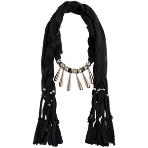 Collier Écharpe en Tissu Noir de Style Ethnique Bohème avec Glands en Goutte d'Eau Pendentif en Alliage Plaqué Argent Bijoux pour Femmes