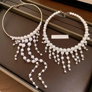 Elegante Franse vintage parelkettingen set met gouden franje ontwerp voor damesstijl