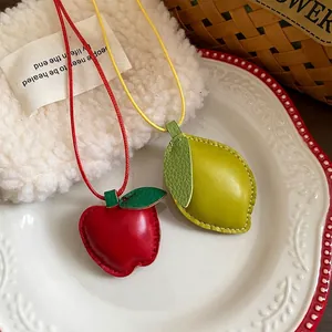 Creative leather apple and lemon shaped pendant necklaces with colorful leather cords