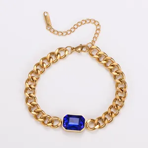 Detailansicht eines 18k vergoldeten Panzerarmbands aus Edelstahl mit blauem Zirkon