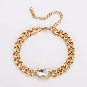 18k vergoldetes Edelstahl-Gliederkettenarmband mit rechteckigem Zirkonia-Stein