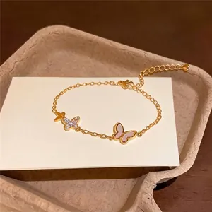 Elegant 14K gold plated butterfly bracelet with sparkling zircon inlays for women