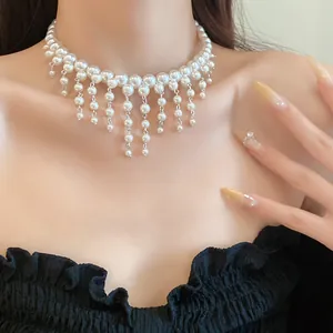 Elegant French court style pearl choker necklace with layered pearl tassels detail