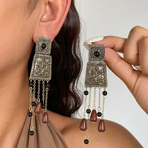 Vintage Alloy Acrylic Water Drop Tassel Stud Earrings For Women Distressed Metal Silver Post Bohemian Style Earring Jewelry