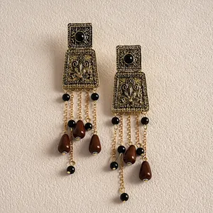 Vintage metal acrylic teardrop tassel stud earrings for women in antique gold