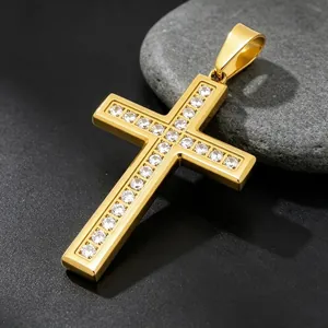Hip Hop Iced Out Cross Pendant Stainless Steel Rhinestone Pendant For Men Gold Silver Black Cross Charm Without Chain