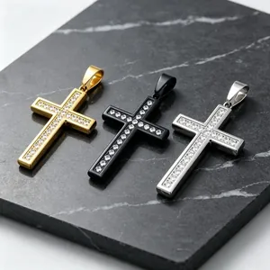 Hip hop iced out cross pendants in gold, black, and silver stainless steel finishes