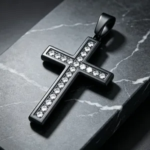 Black stainless steel cross pendant with inlaid stones for men in hip hop rock style