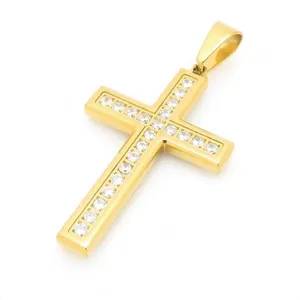 Iced out gold cross pendant necklace for men in stainless steel with clear crystals