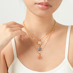 Fashion Stainless Steel Natural Cat's Eye Pendant Necklace Gold Plated Geometric Clavicle Chain For Women Niche Design Jewelry