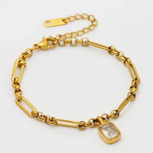 Bracelet Chaîne Trombone en Acier Inoxydable Zirconia pour Femmes Plaqué Or 18K Pendentif Cœur Rond Carré Bijoux