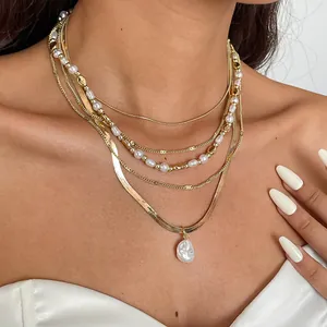 Vintage Europäisches Retro Mehrlagige Kette Für Damen Kupfer Künstliche Perle Barock Unregelmäßiger Anhänger Halskette Schlüsselbeinkette Schmuck