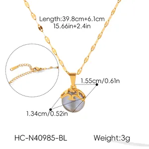 Detailed size measurements of gold titanium steel necklace with cat's eye stone pendant