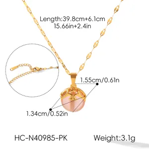 Detailed view of the pink cat's eye stone pendant necklace with dimensions and weight