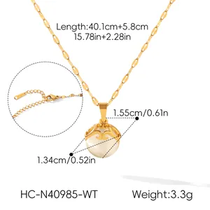 Detailed dimensions and clasp close-up of a gold cat-eye stone pendant necklace
