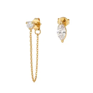 Élégantes boucles d'oreilles asymétriques en acier doré avec marquise et longue chaîne