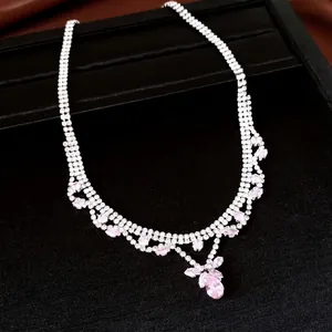 Elegant silver-tone necklace with pink zircon waterdrop pendants for wedding parties