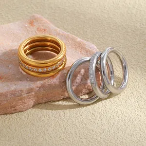Edelstahl Strass Stapelbar Ring Set 18K Vergoldet Nische Schlicht Geometrische Fingerringe Für Damen Täglich Schmuck