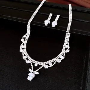 Elegant silver-tone zirconia water drop jewelry set with necklace and earrings for wedding