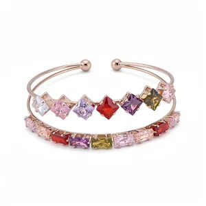 Bracciale Rigido Aperto Placcato Oro 18K Zirconia Moda Vintage Doppio Strato Gioielli Geometrici di Lusso Regalo Donna