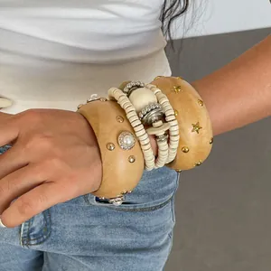 Vintage Etnisch Hout Armring Voor Vrouwen Goud Ster Metalen Klinknagel Armband Met Kunstparel Mode Sieraden Hand Accessoire