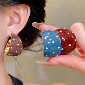 Vintage Polka Dot Enamel Stud Earrings For Women Retro Geometric C-Shaped Round Earrings With 925 Sterling Silver Post