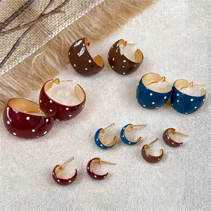 Elegant retro enamel polka dot C-shaped hoop earrings in multiple colors and sizes