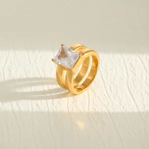 Women Fashion Double Layer Geometric Stainless Steel Ring 18K Gold Plated Square Rhinestone Statement Finger Ring Jewelry
