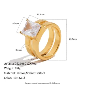 Dimensions detail of the 18K gold plated stainless steel ring with square zircon stone