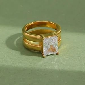 Luxury 18K gold plated stainless steel double layer ring featuring a large square clear zirconia.