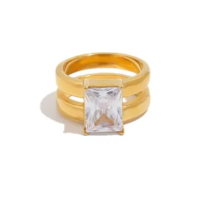 Elegant double-layer stainless steel ring with 18K gold plating and large square zircon