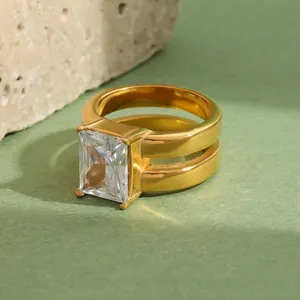 Detailed view of 18K gold plated stainless steel ring with square cubic zirconia