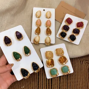 Vintage Acrylic Geometric Stud Earrings Set For Women Silver Earring Post Alloy Gold Plated Square Waterdrop Marble Earrings