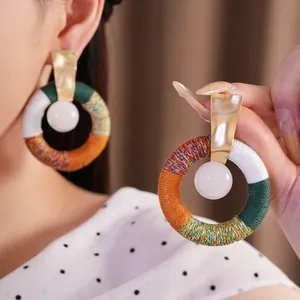 Bohemian Round Hollow Drop Earrings For Women Multicolor Cotton Rope Woven Resin Bead Gold Geometric Earrings 925 Sterling Silver Post