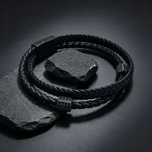 Doppellagiges geflochtenes Lederarmband für Herren mit Zirkonia und Magnetverschluss