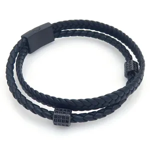 Retro zweischichtiges schwarzes Lederarmband für Herren mit Zirkonperlen und Magnetverschluss