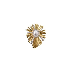 18K Vergoldet Kupfer Rund Künstliche Perle Halskette Offener Ring Schmuck Für Damen Vintage Strass Sonnenblume Anhänger