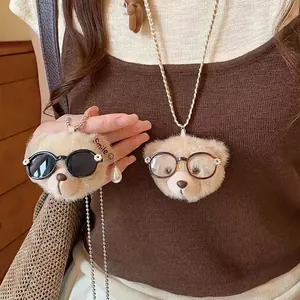 Cute Plush Bear Pendant Necklace With Resin Glasses Artificial Pearl Decor Long Sweater Chain Childlike Niche Design Jewelry For Women