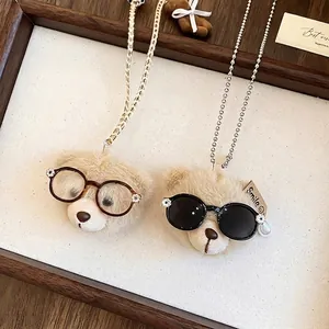 Cute plush bear pendant necklace with resin glasses and flower accents on long chain