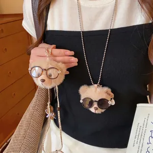 Cute plush teddy bear pendant necklace with glasses on a long silver ball chain