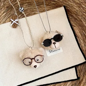 Cute plush bear necklaces with glasses, unique and playful sweater chain designs.