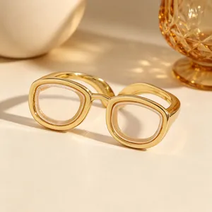 Bague ajustable unique et créative en forme de mini lunettes avec finition dorée polie