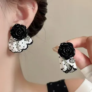 Korean Style Black Rose Flower Stud Earrings For Women White Black Polka Dot Skirt Fabric Fabric Dangle Earrings Handmade Niche Design Jewelry Gift