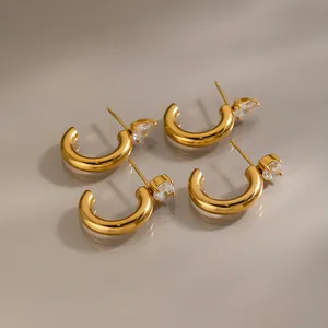 Europäischer Stil 18K Vergoldete Edelstahl C-Form Ohrstecker Mit Zirkonia Eingelegt Geometrischer Ohrschmuck Für Damen
