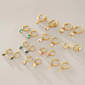 Boucles d'Oreilles Pendantes en Acier Inoxydable Plaqué Or 18K Zirconia pour Femmes Boucles d'Oreilles Huggie Hoop Géométriques Cœur Goutte d'Eau