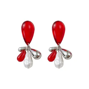 Orecchini a Goccia Retro da Donna Pendente a Cuore e Goccia in Resina Lega Perla Artificiale Perno in Argento Fiocco Gioielli