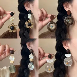 Boucles d'Oreilles Clous en Bois et Perles Vintage pour Femmes Boucles d'Oreilles Géométriques Bohèmes à Franges avec Tige en Argent Sterling 925 Bijoux Faits à la Main