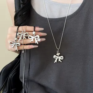 Korean Style Bowknot Adjustable Drawstring Necklace For Women Niche Design Black Leather Rope Silver Metal Sweater Chain Long Necklace