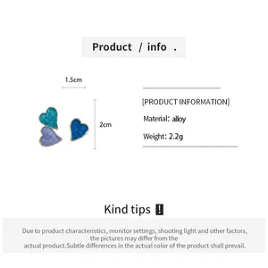 Product information detail for heart-shaped asymmetric stud earrings with measurements